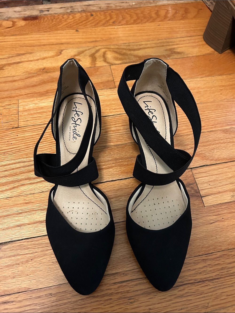 Life Stride Black Pointed Toe Ankle Wrap Heels- Strappy Dress Shoes